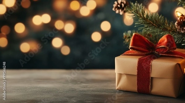 Fototapeta A beautifully wrapped gift with a red ribbon sitting on a table, adorned with festive bokeh lights in the background.