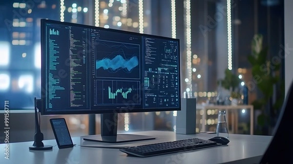 Fototapeta Computer Displaying Charts, Graphs, and Code on a Desk in a Modern Office