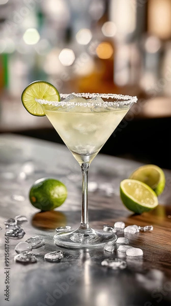 Obraz Photo of a modern margarita drink with lime and a salted rim served in a martini glass with cut lime on table. Vertical layout.
