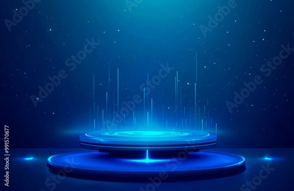 Fototapeta Abstract futuristic tech background with glowing holograms and a blue circular podium for product display.