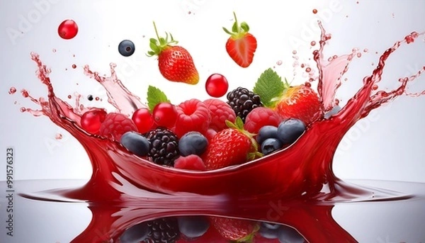 Obraz A dynamic splash of red liquid with various berries suspended in mid-air.