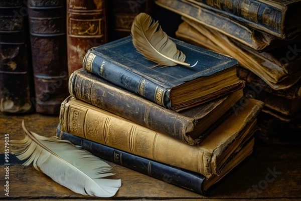 Fototapeta A pile of old, hardbound books with two feathers lying on wood, highlighting historical literary artifacts.
