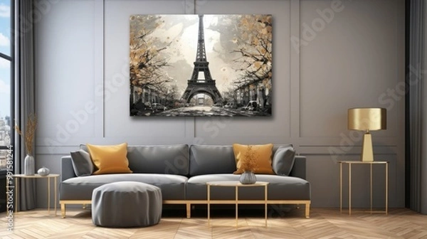 Fototapeta modern painting of golden Paris and Eiffel tower. The texture of the oriental style of gray and gold canvas with an abstract pattern. artist collection of animal