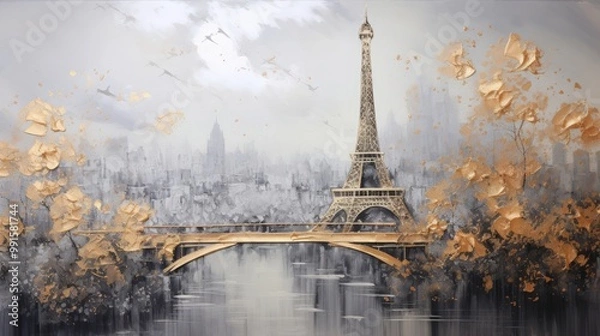 Fototapeta modern painting of golden Paris and Eiffel tower. The texture of the oriental style of gray and gold canvas with an abstract pattern. artist collection of animal