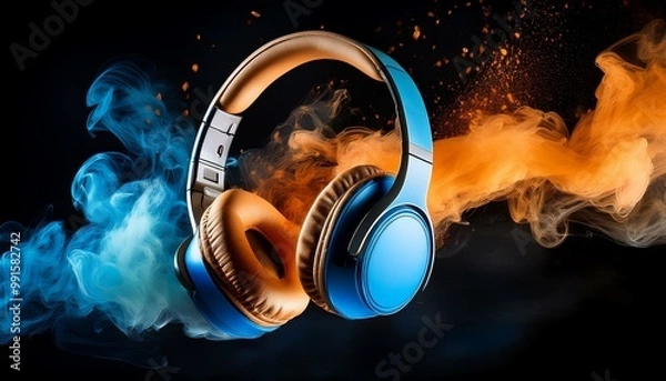 Fototapeta Dynamic audio explosion, twisting azure and amber mist, wireless headphones receiving sound frequencies, captivating auditory journey, vibrant atmosphere, creative visual flair