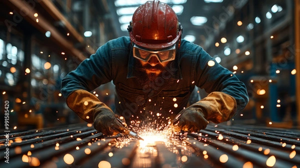 Fototapeta A focused worker welds with sparks flying in an industrial setting, showcasing skill and precision in metal fabrication.