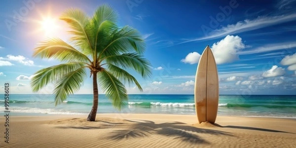 Fototapeta Surfboard and palm tree on sandy beach background, surfboard, palm tree, beach, tropical, ocean, sea, vacation, summer