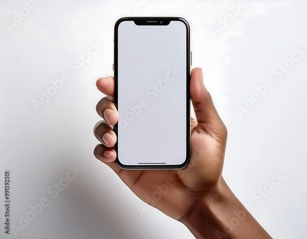 Fototapeta Close-up of a hand holds a smartphone with a blank screen against a white background.  (1)