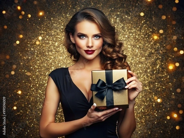 Fototapeta European woman wearing an elegant black dress holding a gold gift box adorned with a black bow in a festive atmosphere with a glittering background expressive eyes and red lipstick