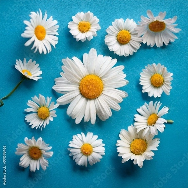 Fototapeta Lovely botanic composition. Fresh daisy pattern, white chamomile flowers for spring and summer on a vibrant backdrop. Aerial view, top-down shot, vacant area for writing