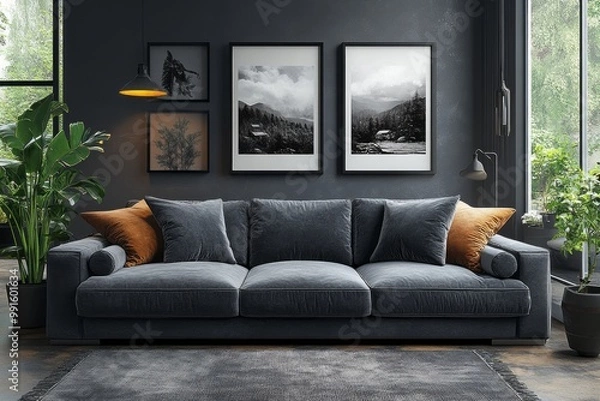 Fototapeta A modern lounge with a grey velvet sofa, dark grey walls adorned with black-and-white artwork