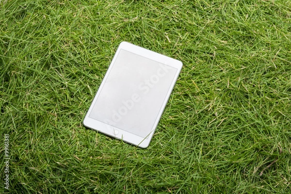 Fototapeta Tablet lying on the green grass