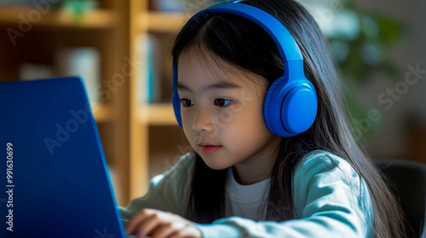 Obraz A girl wearing a blue headset is using a laptop for an online school class.