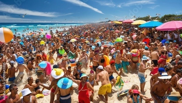 Fototapeta Summer beach day, dense crowd enjoying the sun, sea in the background