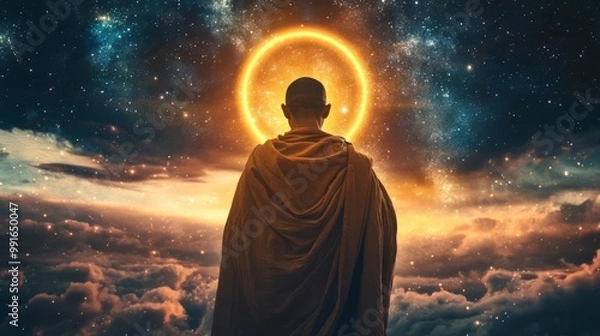 Fototapeta A serene monk meditating under a cosmic sky, radiating tranquility and enlightenment amidst vibrant celestial elements.