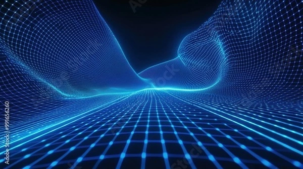 Fototapeta Glowing blue beams of holographic light flowing through a tech-inspired grid, evoking futuristic energy and digital innovation.