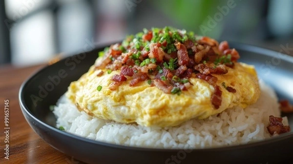 Fototapeta Omelet bacon rice white dish. Generative AI
