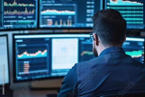 Fototapeta Analyst monitoring financial data on multiple screens for market trends.