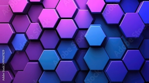 Fototapeta An abstract geometric background with hexagons in shades of blue and purple, blending in a soft gradient, creating a futuristic, minimalist design