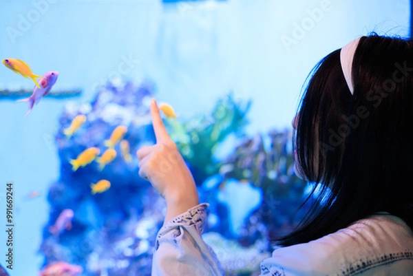 Obraz 水族館の水槽を指をさしながら眺める女性