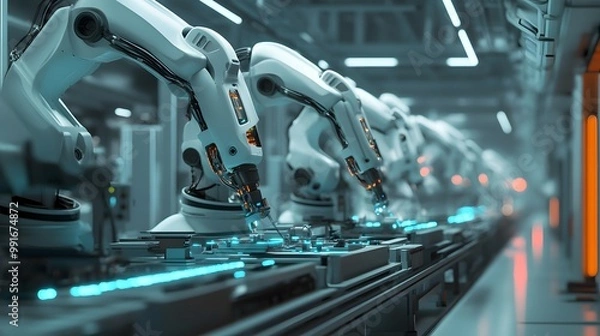 Obraz A hyper-modern factory where robotic arms equipped with laser sensors perform continuous quality checks.