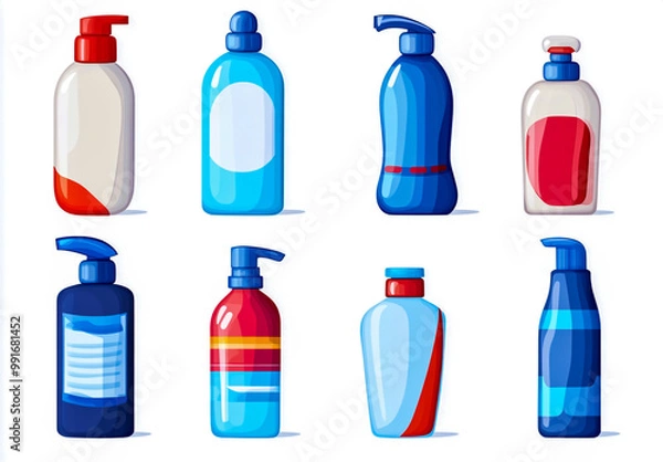 Fototapeta White background with various shampoo bottles in round and rectangular shapes.