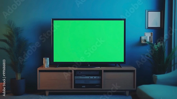 Fototapeta Blank Green Screen TV Display for Custom Video Content Creation