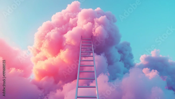 Fototapeta 3D render ladder leading to cloud on pastel background concept for success and dream
