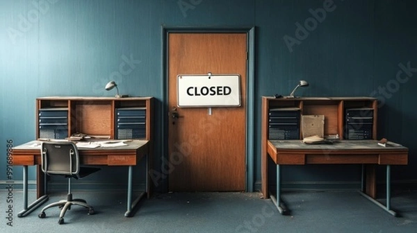 Fototapeta Closed office interior with two empty desks and a door marked with a closed sign.