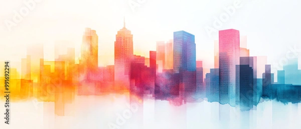 Fototapeta Capture a majestic skyscraper at sunset in a watercolor long shot painting Reflect vibrant hues of orange and gold against the silhouette of the building