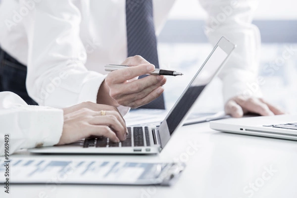 Fototapeta Business people discussing the charts and graphs showing the res