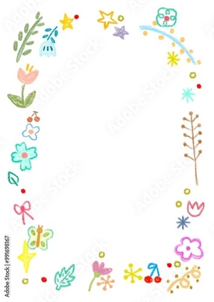 Fototapeta color pencil drawing of colorful flowers , flora , star glitter and butterfly frame template , sign banner perfect for art project , greeting invitation and wedding card decoration background