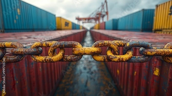 Fototapeta A broken chain blocking a shipping container, symbolizing trade barriers, trade barrier, international commerce restriction, photorealistic