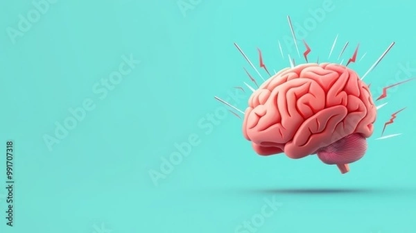 Fototapeta Illustration of a brain with stress signals on a blue background.