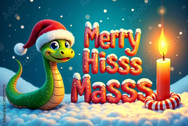 Fototapeta Festive scene with a cartoon snake wearing a Santa hat, standing next to a candle and the text Merry Hisss Masss.