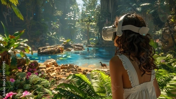 Fototapeta Woman Exploring Virtual Reality Tropical Rainforest Environment