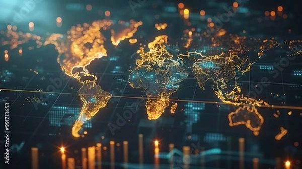 Obraz Global Network Map  Digital World  Connected Continents  Data Visualization  Worldwide Com