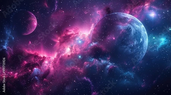 Fototapeta Cosmic Landscape with Planets and Nebulae