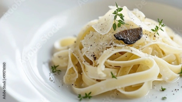 Obraz a plate of perfectly al dente pasta, drizzled with fragrant truffle oil and topped with shavings of parmesan and fresh herbs