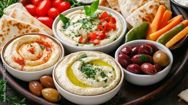 Fototapeta a beautifully styled Mediterranean platter with bowls of hummus, baba ghanoush, and tzatziki, surrounded by warm pita slices, marinated olives, and colorful vegetable sticks