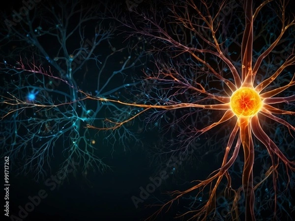 Fototapeta Illuminated illustration of the human nervous system on a dark background.