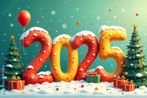 Fototapeta Festive illustration featuring the number 2025 prominently displayed, surrounded by Christmas decorations such as trees, presents, and snowflakes.