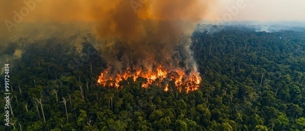 Obraz Devastating Wildfire Engulfing Lush Rainforest - Environmental Destruction and Urgency Concept
