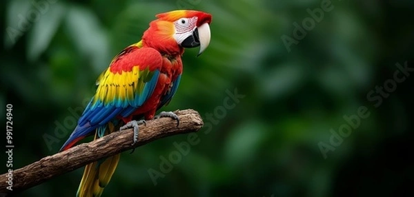 Obraz Vibrant Scarlet Macaw Closeup in Lush Tropical Habitat - Exotic Bird with Colorful Plumage Perched on Branch, Serene Forest Background - Wildlife Photography, Nature Documentary, Tranquil Jungle