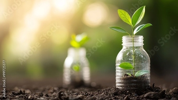 Obraz Environmental Renewal Vibrant Green Plants Sprouting from Plastic Bottles in Earthy Setting, Sustainable Growth Concept, Hopeful Eco-Friendly Lifestyle - Close-up Macro View