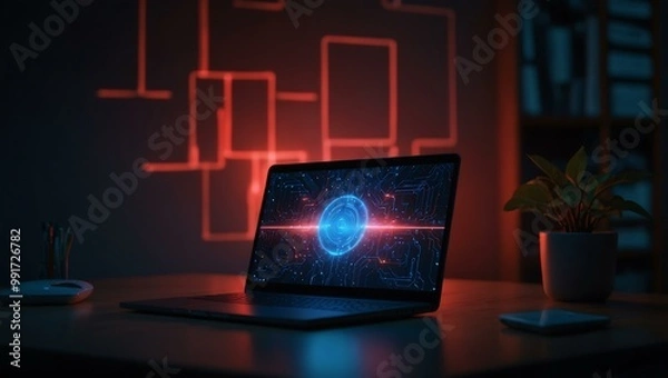 Fototapeta Laptop and phone with glowing blue and red interfaces.