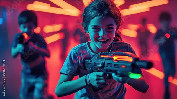 Fototapeta A child beams with excitement while playing laser tag, neon lights creating an adrenaline-filled and immersive atmosphere.