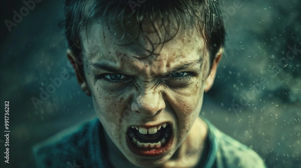 Fototapeta Enraged young boy screaming with fury. Close-up of face showing intense anger, gritted teeth, and furrowed brow. Dirt and grime on skin of this terrible child