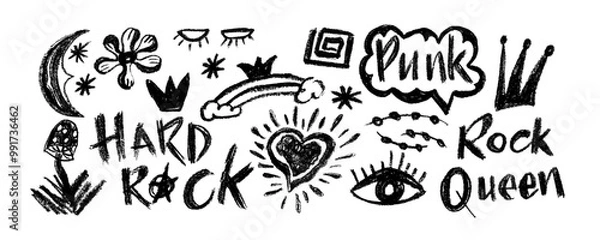 Fototapeta Vector set charcoal graffiti doodle punk and girly shapes . Hand drawn abstract scribbles and squiggles, creative various shapes, pencil drawn icons. Scribbles, scrawls, stars, crown,  punk, rock.
