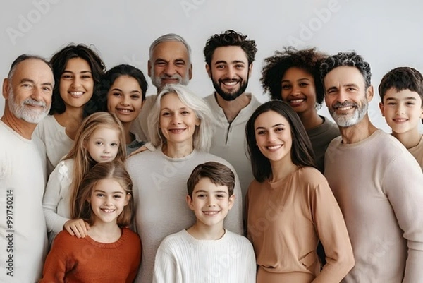Fototapeta Smiling group of people of various ages and body types, cultural diversity, natural background
